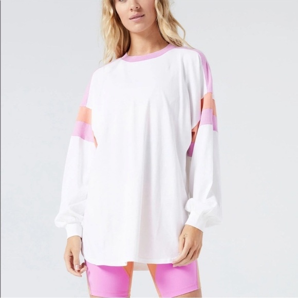 l*space Tops - L*SPACE Active Be Bold White, Pink and Orange Striped Long Sleeve Shirt